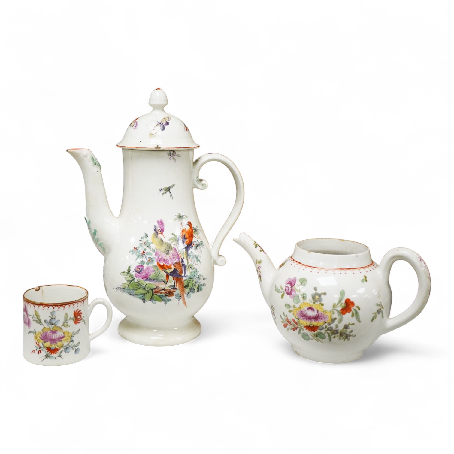 A Derby fantastic birds painted coffee pot, c.1760-65, 24cm high, a Bow porcelain teapot and similar coffee can, c.1770